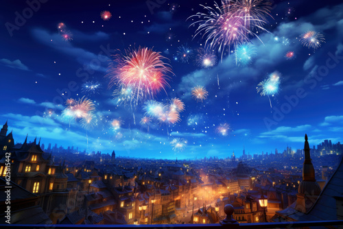 Grand fireworks celebrating the New Year and the cityscape at midnight, Generative AI