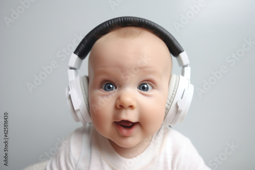 cheerful surprised baby 6 months old wearing headphones to listen to music, music with a positive effect on the concept of cognitive development of the child. generative AI