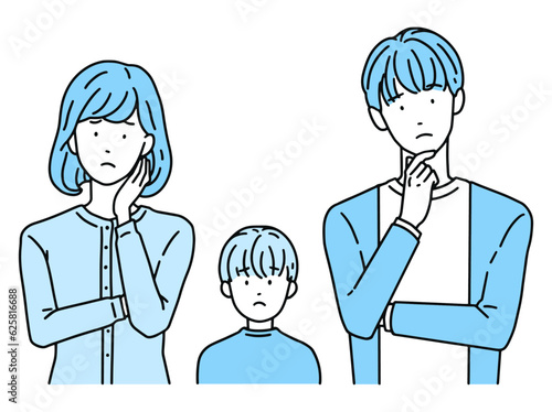 困った表情・悩む夫婦と子供　男性＆女性