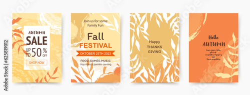 Autumn, Fall, Thanksgiving backgrounds. Trendy abstract templates for invitation, card, poster, flyer, cover, banner, placard, brochure, social media, sale advertising