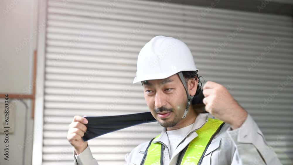 Workers at a construction site, man sweating in work clothes, video of Heat stroke prevention also be safe. slow Workers at a construction site, man sweating in work clothes, video of Heat stroke prevention also be safe. slow