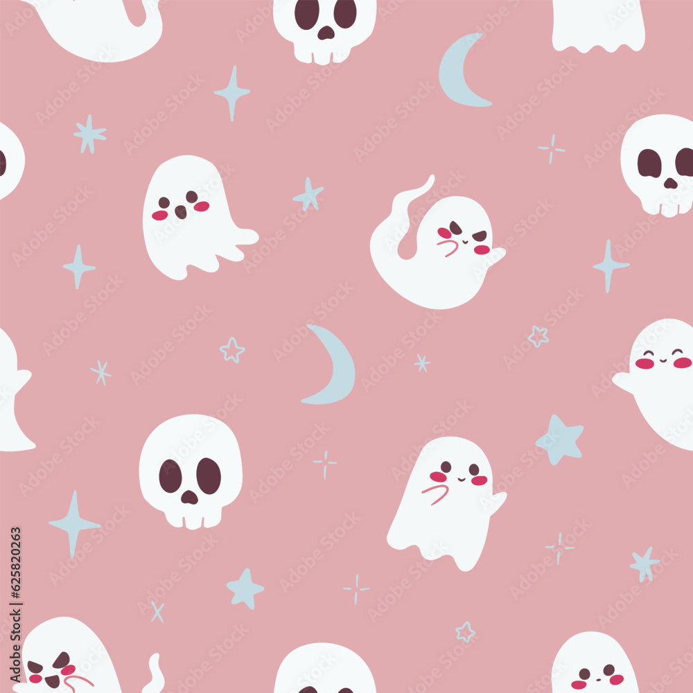Cute Ghosts and Skulls Pattern with Moon Stars Cute Ghosts and Skulls Pattern with Moon Stars