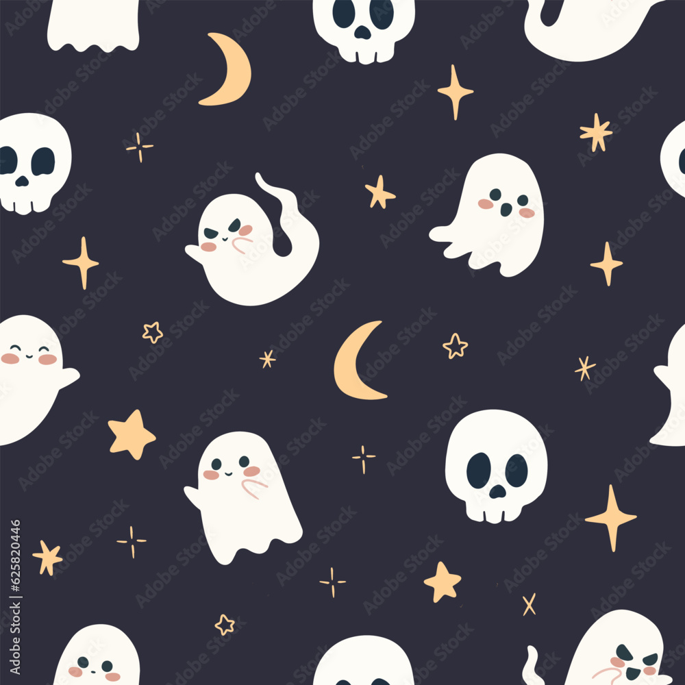 Fototapeta premium Cute Ghosts and Skulls Pattern with Moon Stars