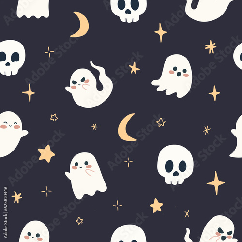 Cute Ghosts and Skulls Pattern with Moon Stars