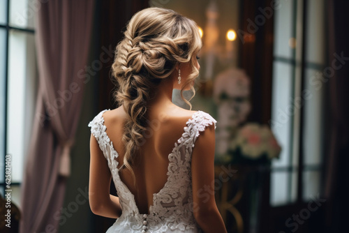 Back view at beautiful bride in salon