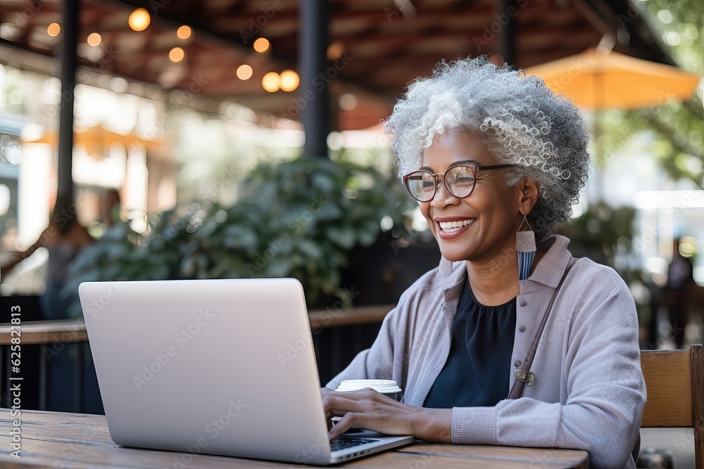 Smiley senior woman in eyeglasses working at sidewewalk cafe in front of laptop monitor. Freelancing at any age. Smiley senior woman in eyeglasses working at sidewewalk cafe in front of laptop monitor. Freelancing at any age.