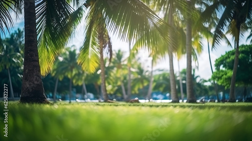 blur nature bokeh green park by beach and tropical coconut trees in sunset time © Aura