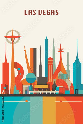 USA United States of America Las Vegas futuristic abstract panorama view poster. Modern colorful skyline city flat vector brochure in bauhaus style