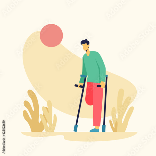 Male without leg walking with crutches outside. People with special needs undergoing rehabilitation. Recovery process of disabled person after injury concept. Flat vector illustration