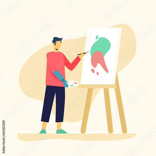Young man with prosthetic hand draw pictures. People with special needs undergoing rehabilitation. Recovery process of disabled person after injury concept. Flat vector illustration