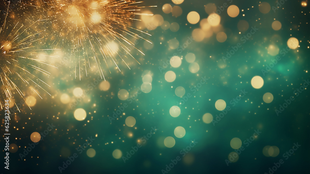 gold and green fireworks and bokeh new year eve background - obrazy, fototapety, plakaty 