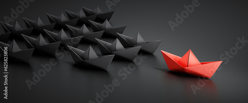 Group of black paper boats with red leader on dark background	