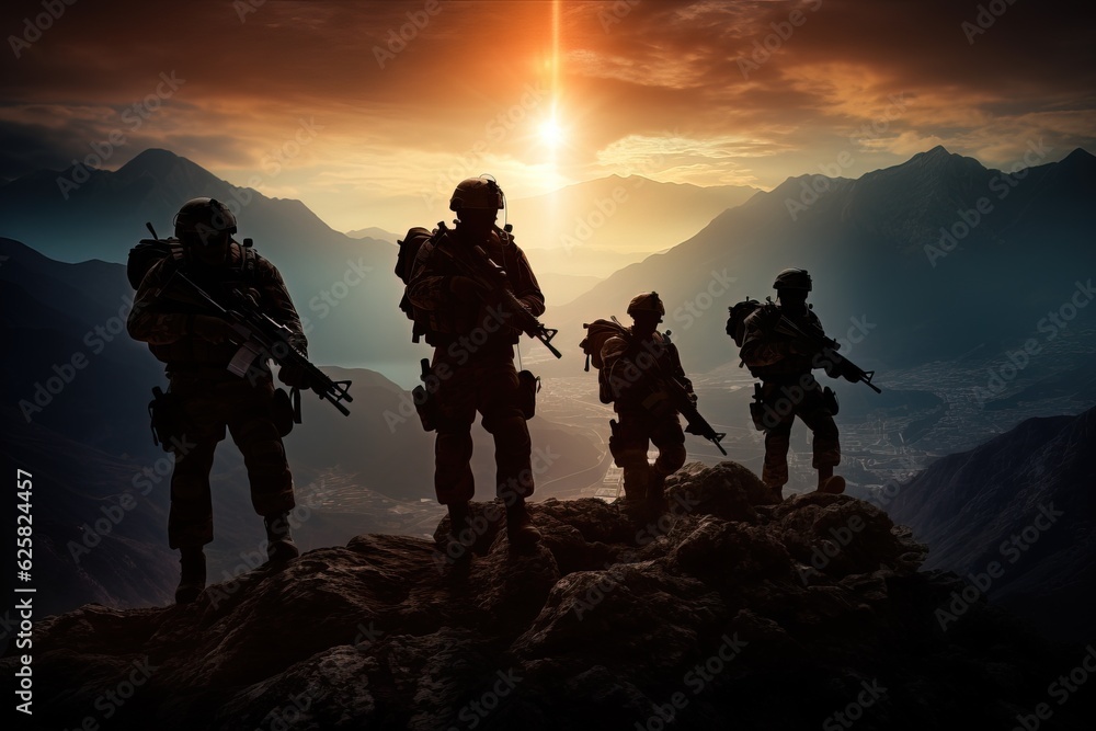 Fototapeta premium Veterans memorial day concept. Group of armed US soldiers in the light of the setting sun in mountains.
