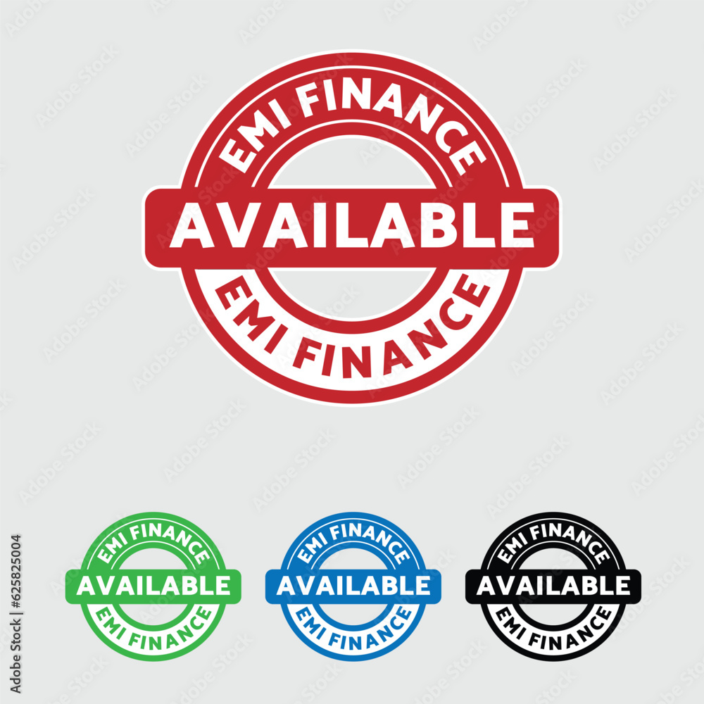 Obraz premium EMI Finance available Badge icon, logo, flat vector, stamp, sticker, financial, logotype. money, bank, loan available. No down payment.