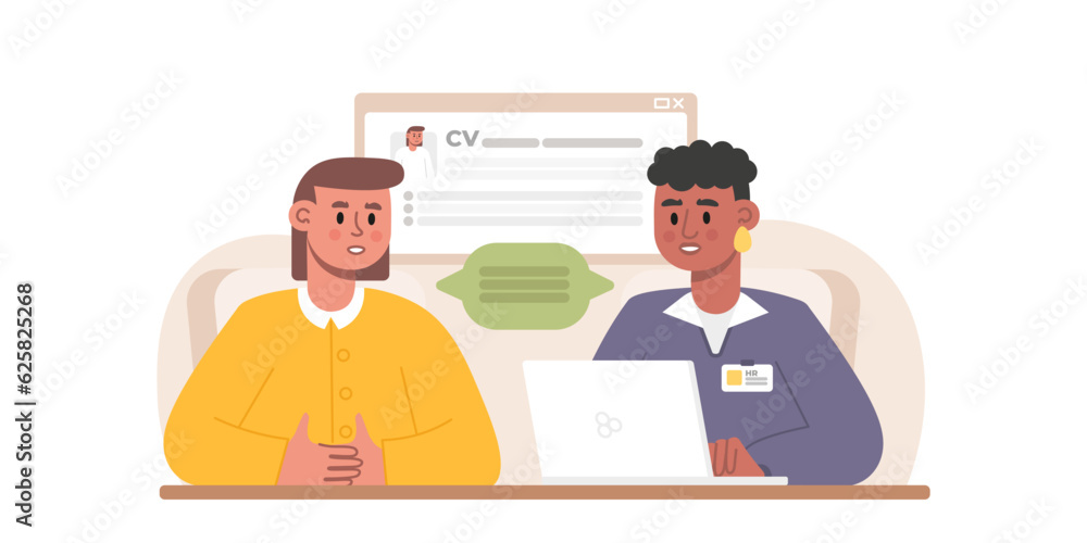 American HR working in laptop, talking with lady and talking about CV. Job interview. Process of passing questionnaires, discuss work duties. Work of human resources department. Flat vector American HR working in laptop, talking with lady and talking about CV. Job interview. Process of passing questionnaires, discuss work duties. Work of human resources department. Flat vector