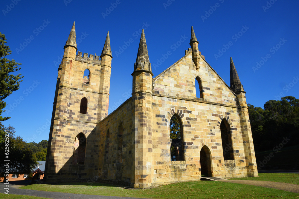 ruins of an old stone church building at port Arthur Tasmania, Australia.