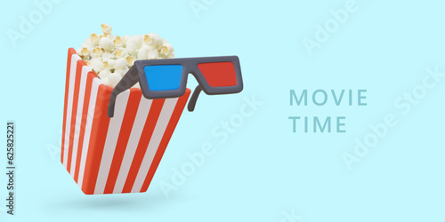 Movie time. Anaglyph blue red glasses, striped cup with popcorn. Vector banner on blue background with 3D illustration and text. Invitation to watch movie. Announcement of premiere