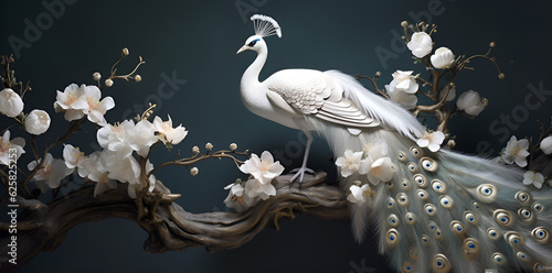 A white bird perched on a branch with blooming owers on black background  photo