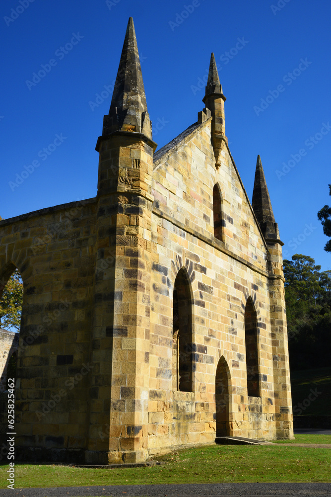 ruins of an old stone church building at port Arthur Tasmania, Australia.