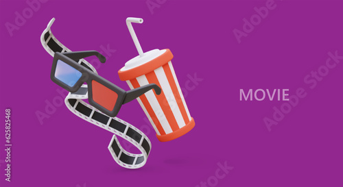 Movie time. Stereo glasses, filmstrip, striped cup with straw. Banner on purple background. Cinema advertisement, screening announcement. Place for text. Concept in bright cartoon style