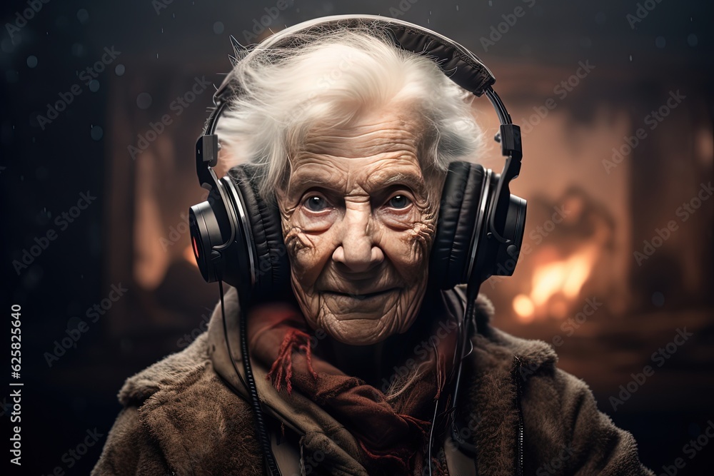 close up portrait of old woman wearing headphone, listening music, Silver Gen lifestyle, Generative Ai close up portrait of old woman wearing headphone, listening music, Silver Gen lifestyle, Generative Ai