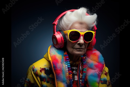 close up portrait of old woman wearing headphone, Silver Gen fashionista concept, Silver Generation, silver age, Generative Ai
