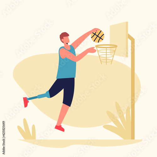 Male with prosthetic leg playing basketball. Man with special needs actively spending time. Playing basketball. Adaptation of people with injuries to social life. Flat vector illustration