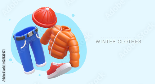 Winter clothes. Realistic puffer jacket, sneakers, hat, jeans. Accessories for complete outfit, winter collection. Time to dress warmly. Advertising poster, seasonal concept for clothing store