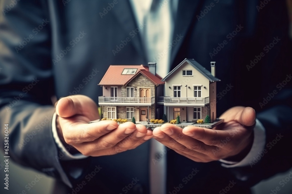 A man holding house building model in his hands, image for real estate investment business and residential mortgage loan concept. A man holding house building model in his hands, image for real estate investment business and residential mortgage loan concept.