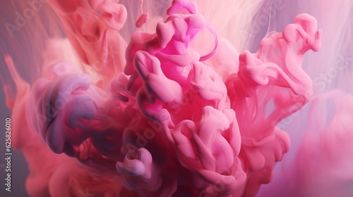 Pink liquid color drop floating in water, cloud shape, colorful smoke explosion, texture background, fashion, femininity, creativity backdrop, swirl abstract background.