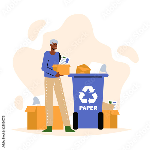 Male holding box with books and paper and sorting. Choice between garbage sorting and not sorting. Second life and recycling. Call for proper waste management. Flat vector illustration
