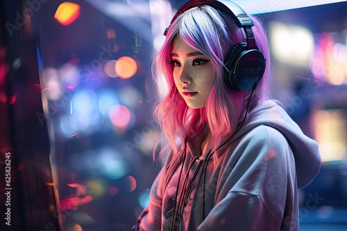 pretty gammer girl wearing headphone, Generative Ai