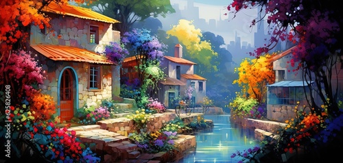 painting style illustration, beautiful house in secret garden with flower blossom, generative Ai