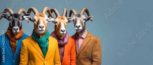 Creative animal concept. Ibex in a group, vibrant bright fashionable outfits isolated on solid background advertisement, copy text space. birthday party invite invitation banner
