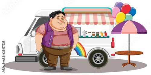 Overweight man in front of ice cream food truck