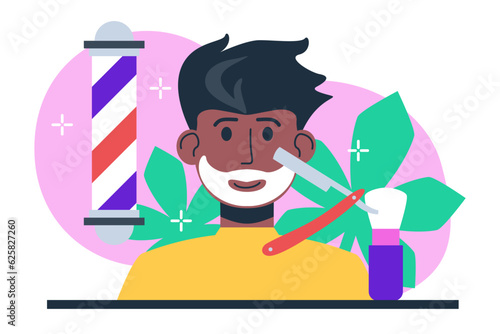 Smiling American male in barbershop. Professional make fashionable modern hairstyles and beard care for client. Flat vector illustration in cartoon style