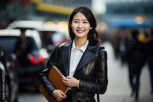 Beautiful asian chinese female real estate agent or businesswoman smiling and holding a leather document folder with copy space on the blurred off focus background of cars and traffic