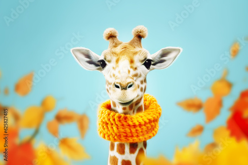 Fall season card with cute giraffe in knitted scarf on light blue background with yellow autumn leaves. Autumn character. Flu season. Funny zoo photo