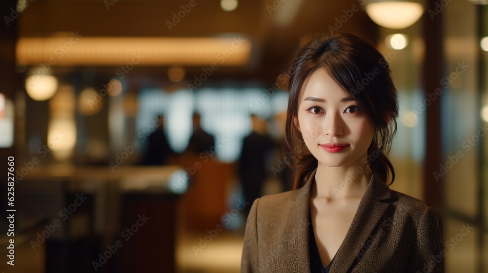 Portrait of a Japanese hotel receptionist against a hotel reception background. Portrait of a Japanese hotel receptionist against a hotel reception background.