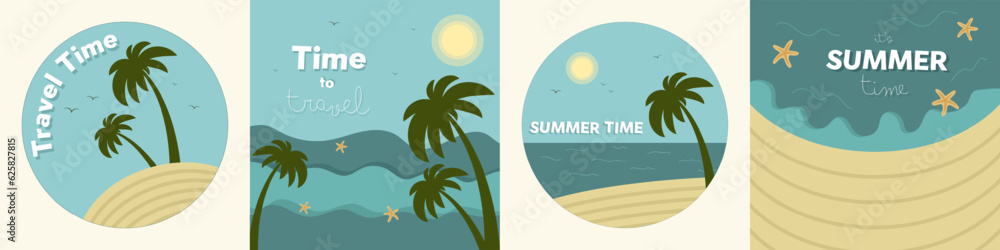 Summer time. Set of stickers and cards. Travel, tourism, seascape. Flat vector illustration, inscription, lettering.