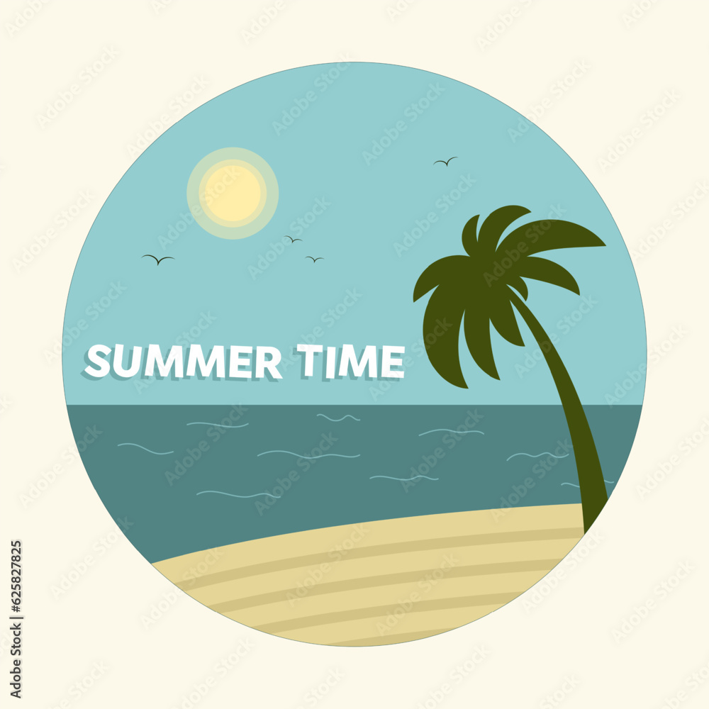 Naklejka premium Summer time. Nautical sticker. Design card, postcard. Palm tree, ocean and beach. Flat vector illustration.