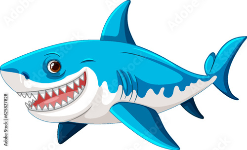 A cartoon illustration of a great white shark smiling and swimming in a blue colour, isolated on white