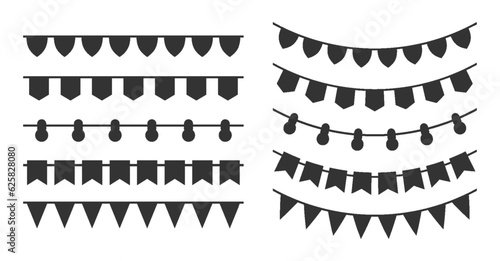 Paper bunting garland carnival with flag black silhouette set. Lanterns triangle flag ribbon stencil print template seamless pattern brush decorative pennant holiday party festival sticker isolated photo