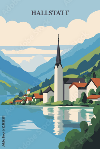 Austria Hallstatt beautiful village view with lake landscape brochure. Abstract houses on a shore vector flat poster of Gmunden region