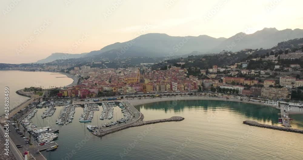 Gorgeous Sunset on South of France Coastal City of Menton, Aerial Drone Landscape Gorgeous Sunset on South of France Coastal City of Menton, Aerial Drone Landscape