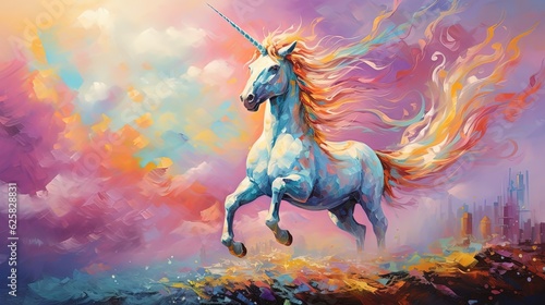 painting style illustration  dream unicorn portrait in running gallop motion  Generative Ai