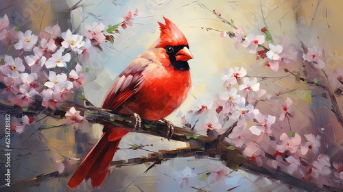 Fototapeta Naklejka Na Ścianę i Meble -  painting style illustration, cardinal bird on flower branch, Generative Ai