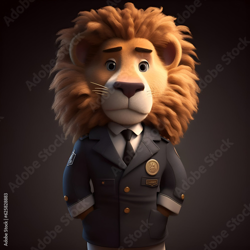 Cartoon lion with police uniform on black background - 3D illustration photo