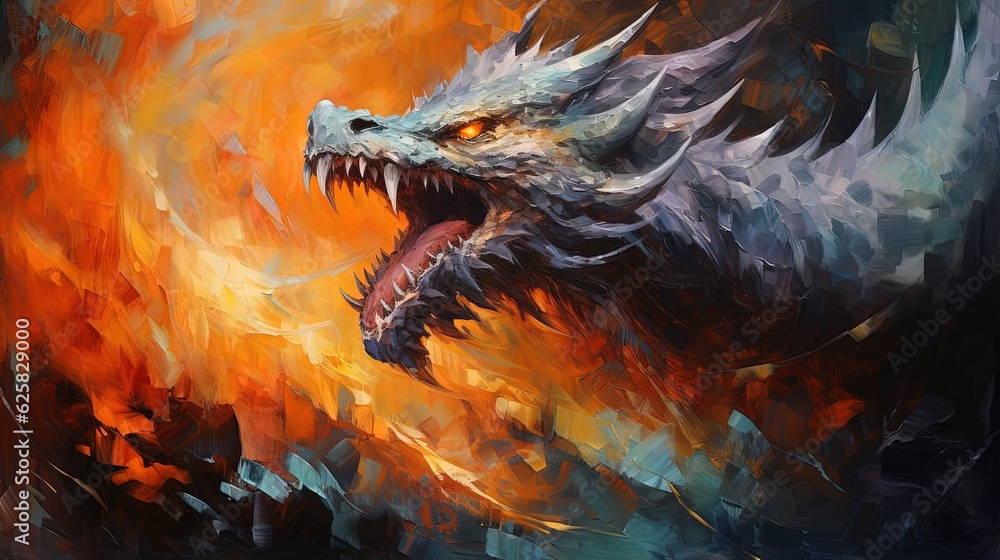 painting style illustration, fire dragon roaring with flame and smoke ...