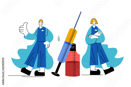 Man and woman in uniform standing near syringe with vaccine. Time to get vaccinated against disease concept. Protection from coronavirus outbreak. Vector flat illustration in cartoon style